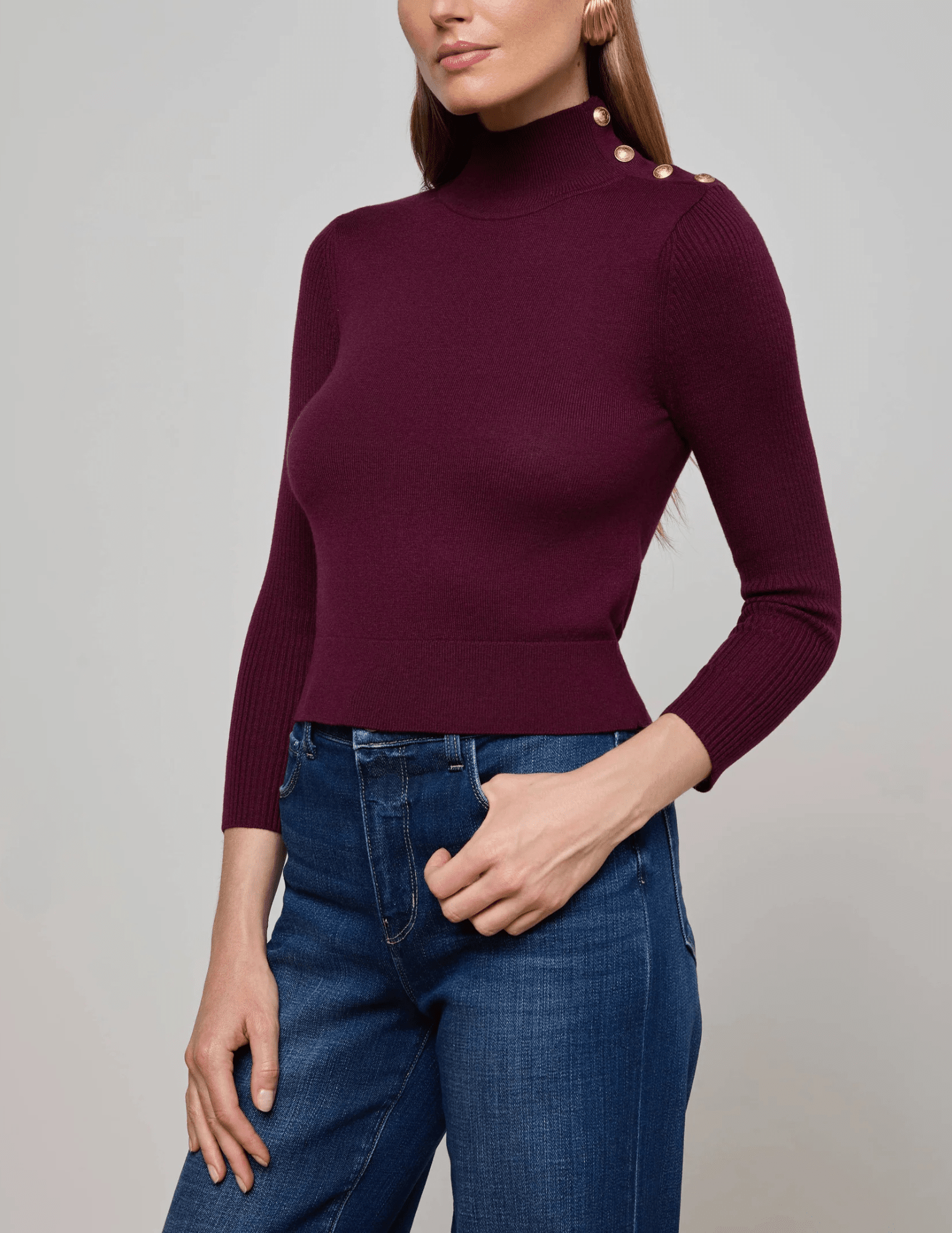 L’AGENCE Kamdyn Snap Button Mock Neck Sweater in Dark Port Gold side view