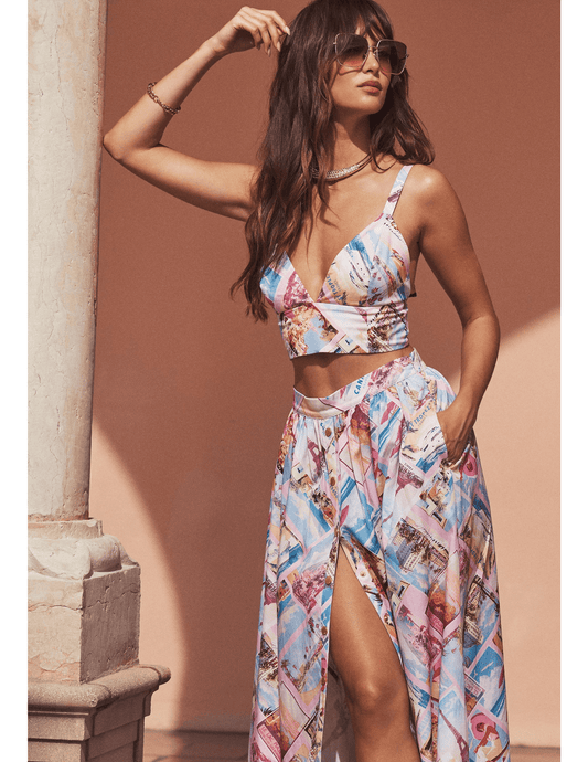 LAgence Kaori bralette in light pink postcard print styled 