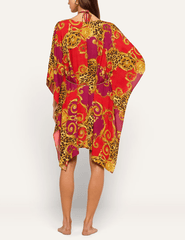 Back view of L'AGENCE Kara kimono cover-up featuring a vibrant red and gold baroque leopard print.