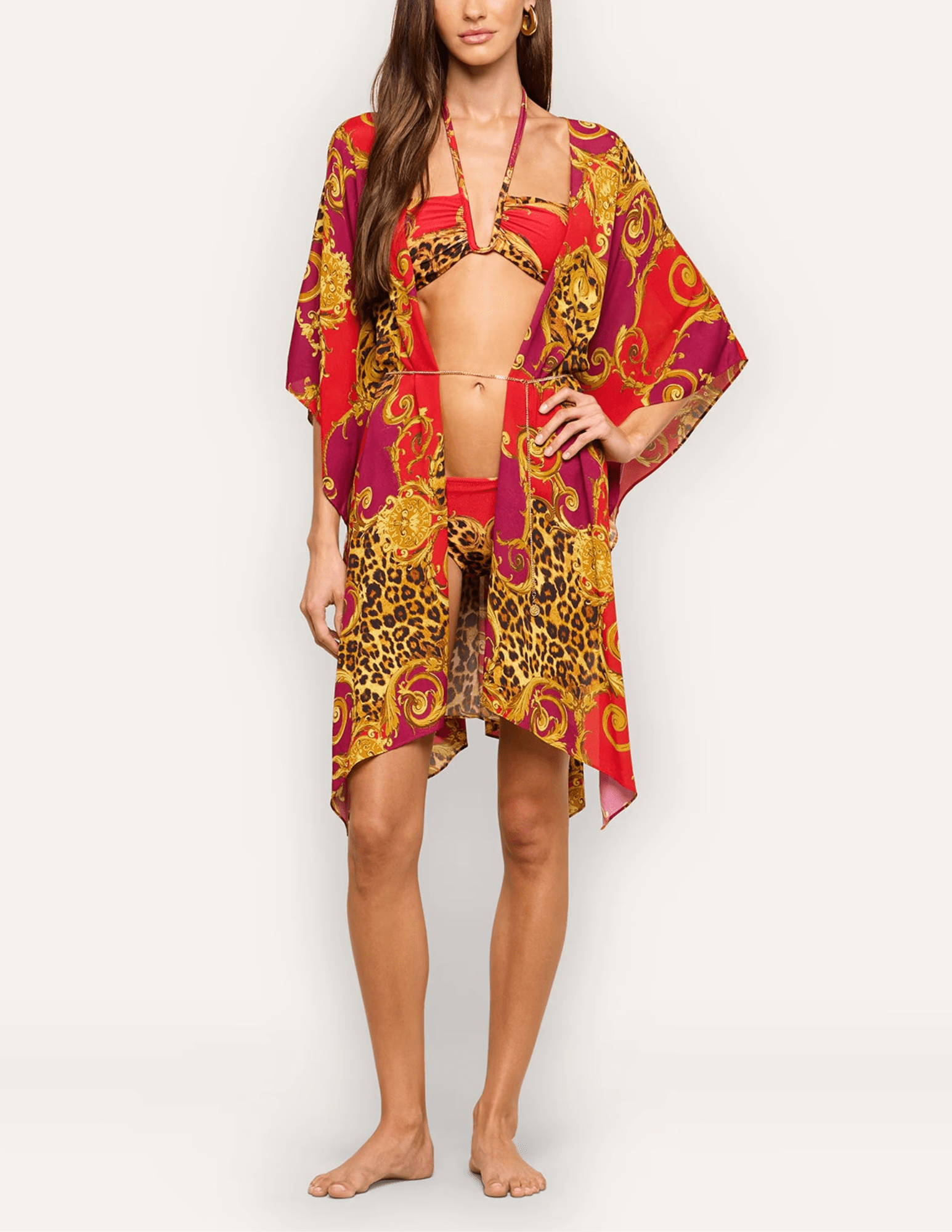 Model wearing L'AGENCE Kara leopard print kimono cover-up over a matching swimsuit.