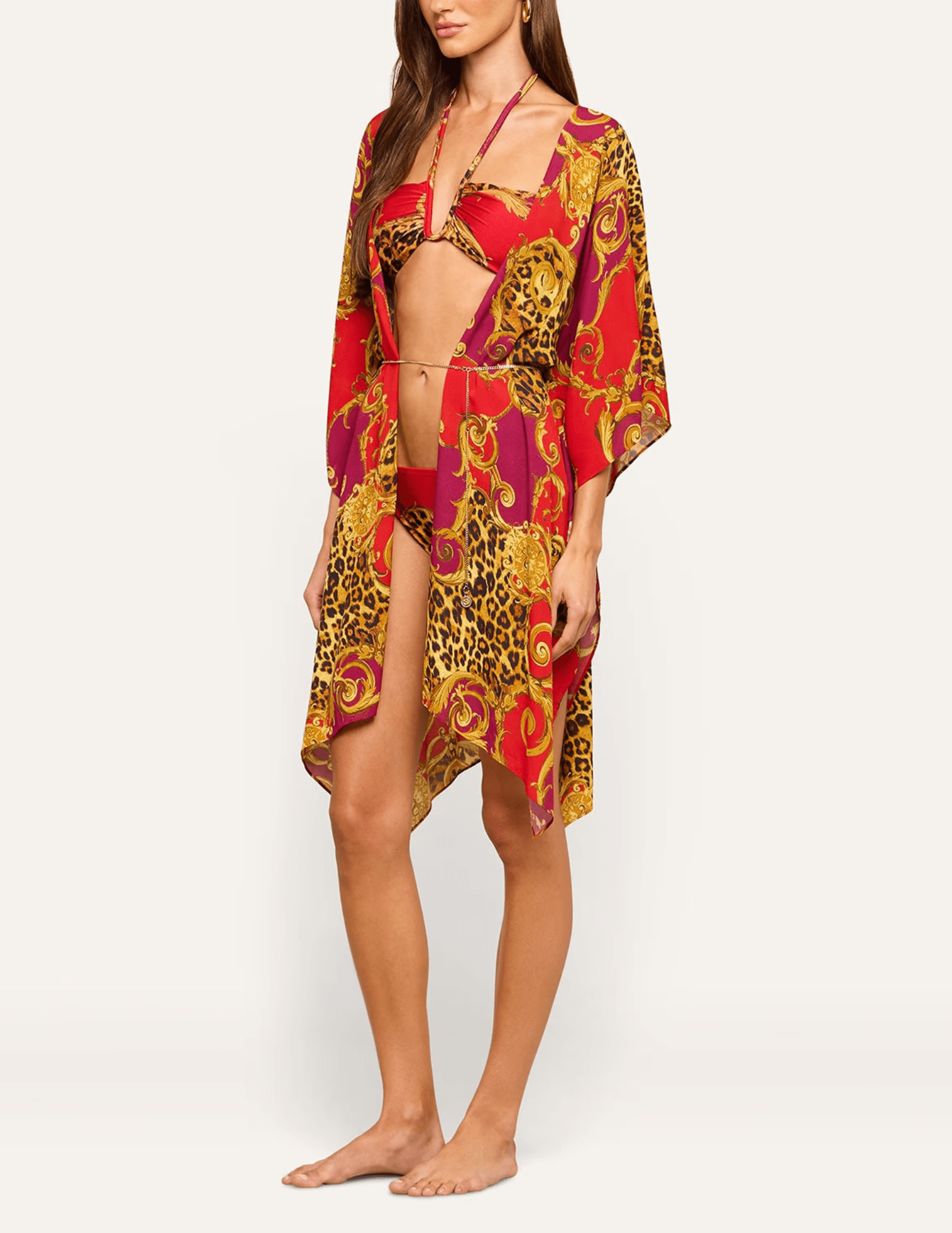 Side view of L'AGENCE Kara resort kimono showing its relaxed sleeves and asymmetrical hem.