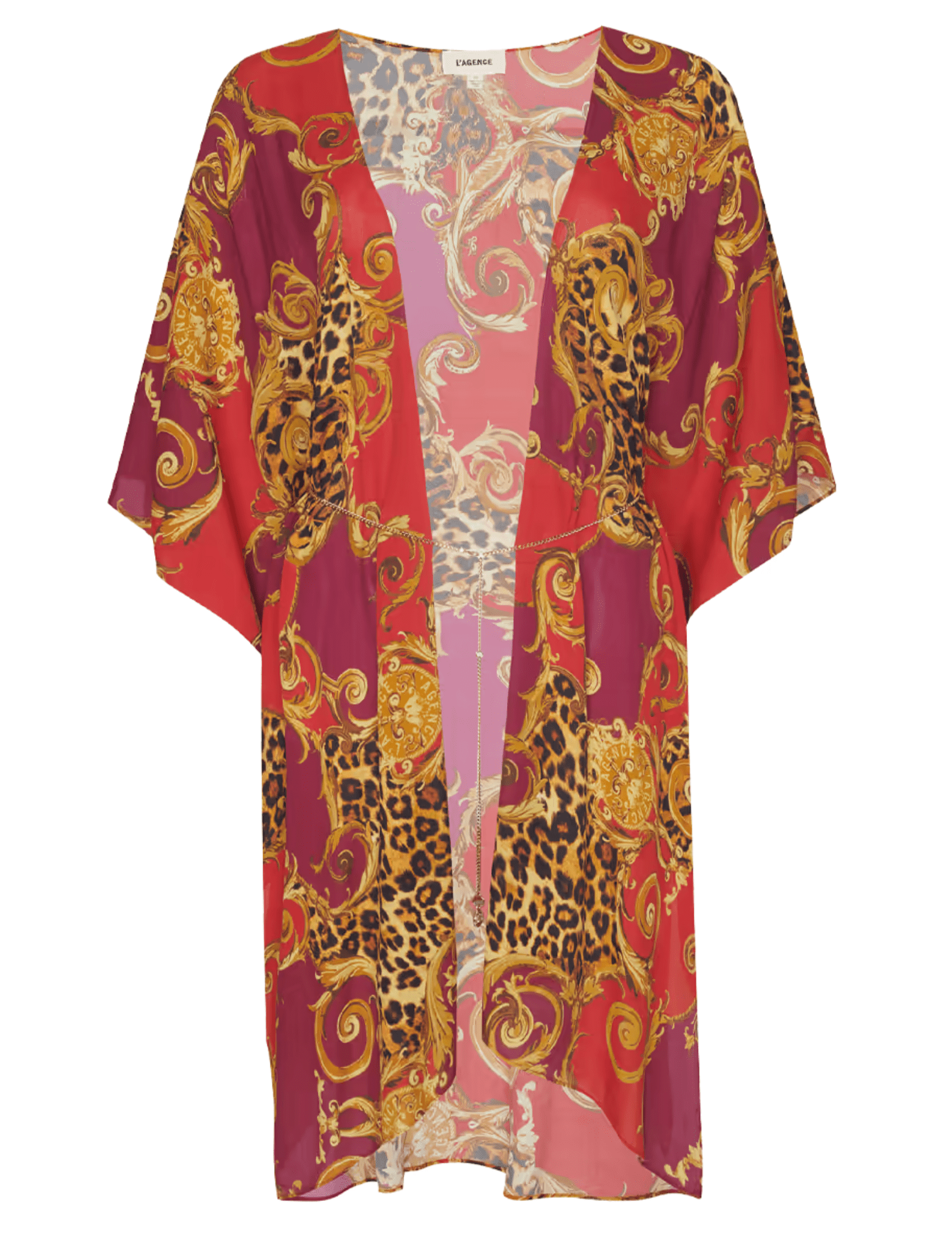 L'AGENCE Kara Kimono Cover-Up in Rouge Gold Baroque Leopard featuring a flowing silhouette and bold red and gold print.