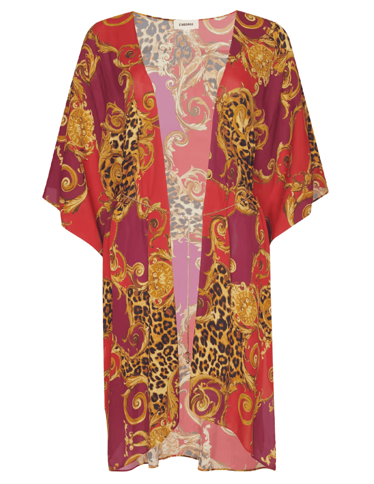 L'AGENCE Kara Kimono Cover-Up in Rouge Gold Baroque Leopard featuring a flowing silhouette and bold red and gold print.