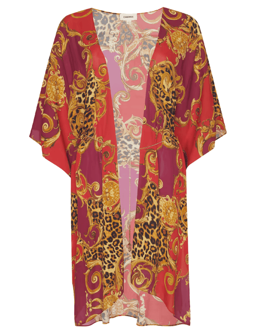 L'AGENCE Kara Kimono Cover-Up in Rouge Gold Baroque Leopard featuring a flowing silhouette and bold red and gold print.