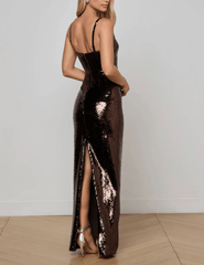 Back view with vent of L’AGENCE Karma Sequin Maxi Dress in Chocolate