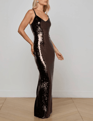 Side view of L’AGENCE Karma Sleeveless Sequin Maxi Dress in Chocolate