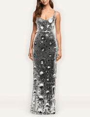Front view of L'AGENCE Karma sleeveless silver sequin maxi dress