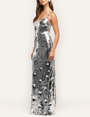 Side view of L'AGENCE Karma silver sequin gown with fitted silhouette