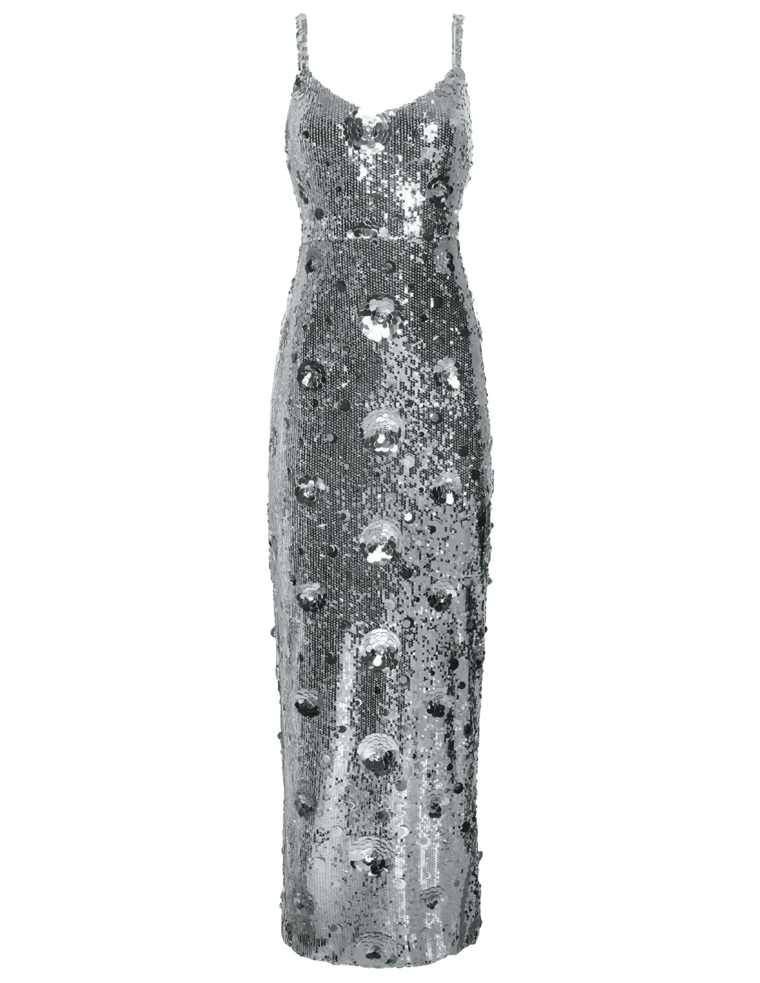L'AGENCE Karma silver sequin maxi dress with oversized rose paillettes and V-neckline