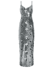 L'AGENCE Karma silver sequin maxi dress with oversized rose paillettes and V-neckline