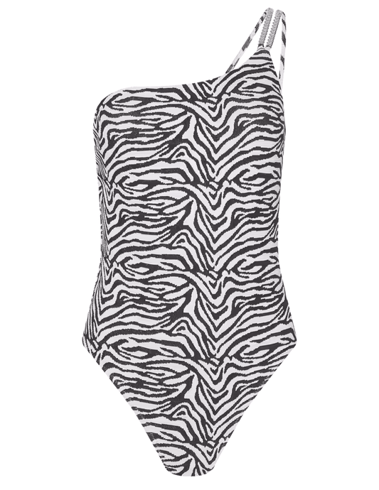 L'AGENCE Karmin one-shoulder one-piece swimsuit in Black White Zebra with textured animal print.