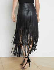 L’Agence Karolina Vegan Leather Fringe Midi Skirt in black with tiered fringe back view
