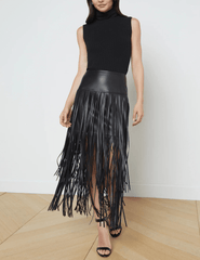 L’Agence Karolina Vegan Leather Fringe Midi Skirt in black with tiered fringe model view