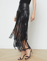 L’Agence Karolina Vegan Leather Fringe Midi Skirt in black with tiered fringe side view
