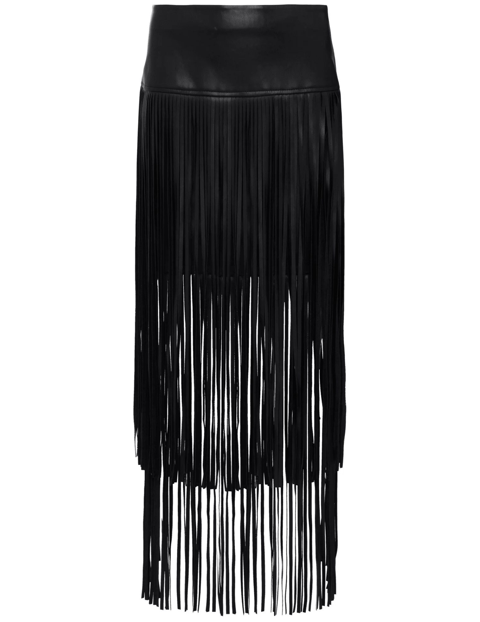 L’Agence Karolina Vegan Leather Fringe Midi Skirt in black with tiered fringe