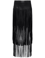 L’Agence Karolina Vegan Leather Fringe Midi Skirt in black with tiered fringe