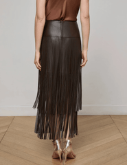 L’Agence Karolina Vegan Leather Fringe Midi Skirt in coffee bean brown with tiered fringe back view
