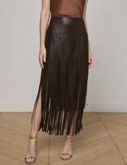 L’Agence Karolina Vegan Leather Fringe Midi Skirt in coffee bean brown with tiered fringe front view
