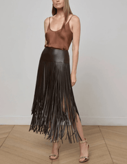L’Agence Karolina Vegan Leather Fringe Midi Skirt in coffee bean brown with tiered fringe model view