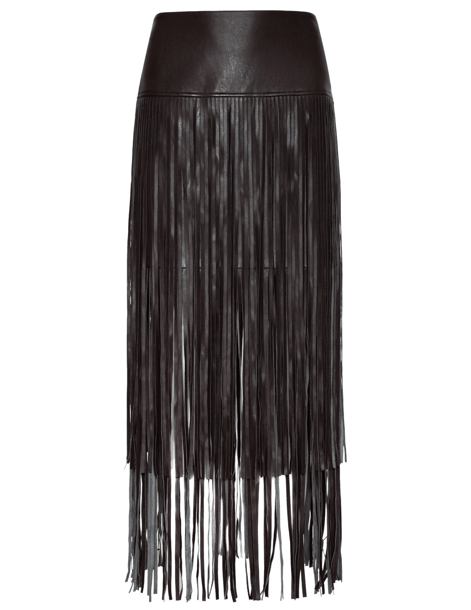 L’Agence Karolina Vegan Leather Fringe Midi Skirt in coffee bean brown with tiered fringe