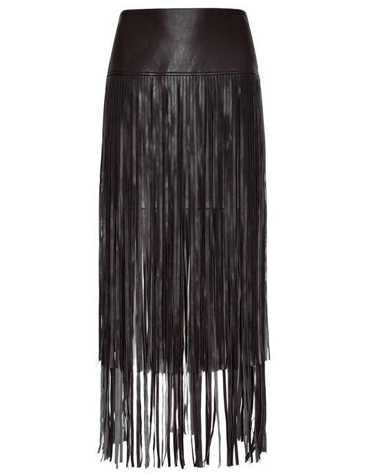 L’Agence Karolina Vegan Leather Fringe Midi Skirt in coffee bean brown with tiered fringe