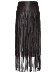 L’Agence Karolina Vegan Leather Fringe Midi Skirt in coffee bean brown with tiered fringe