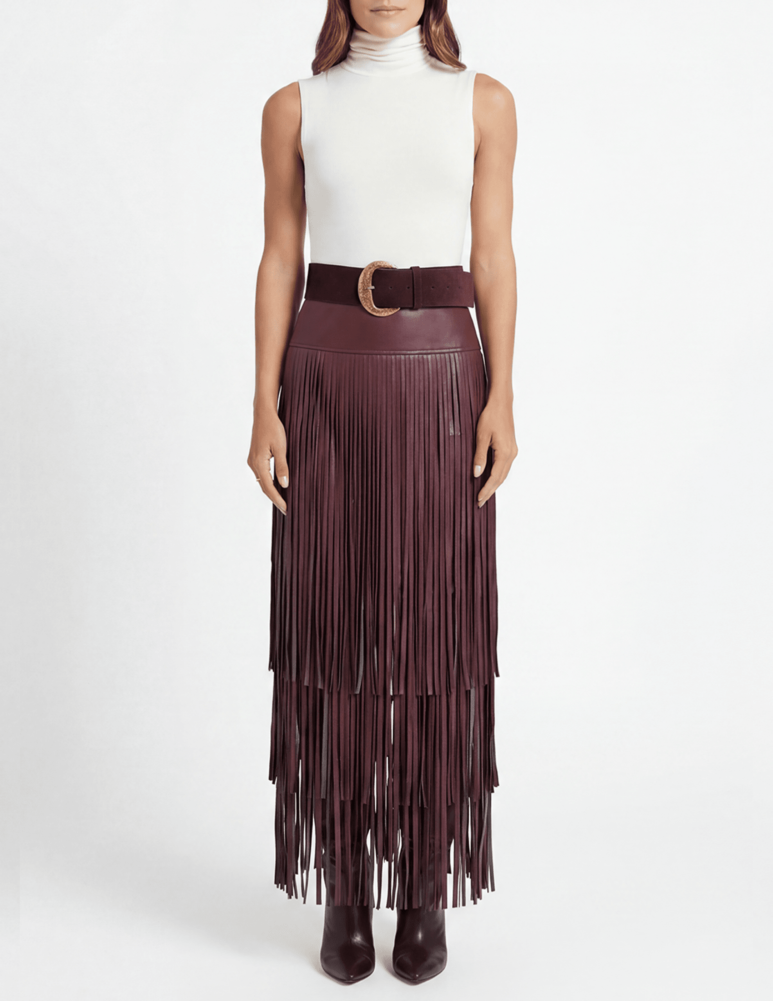 Front view of L’AGENCE Karoline Vegan Leather Fringe Maxi Skirt