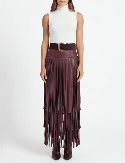 Front view of L’AGENCE Karoline Vegan Leather Fringe Maxi Skirt
