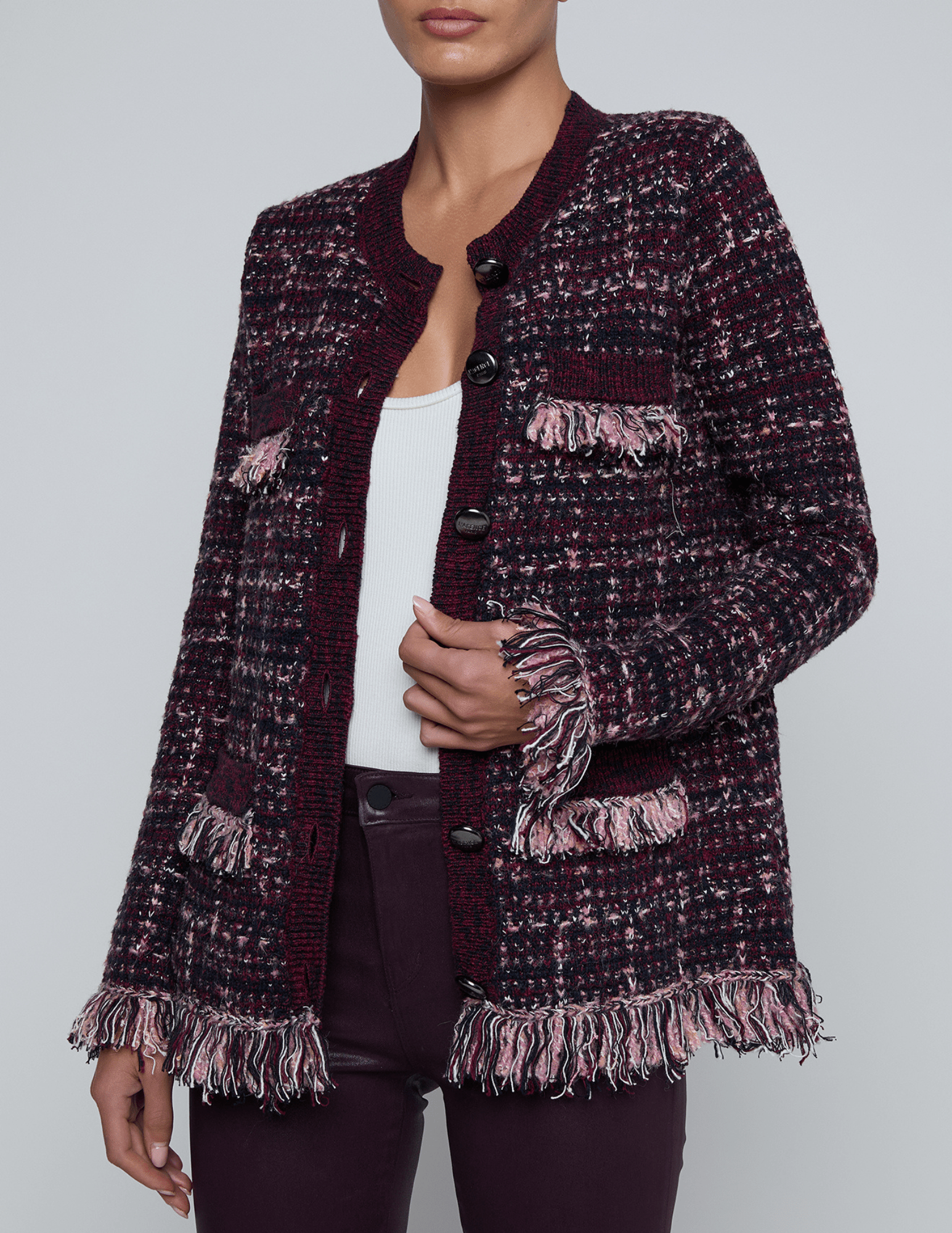 L’AGENCE Kastoria Fringe Cardigan in Black Dark Malbec Midnight with bouclé knit texture
