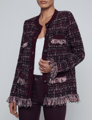 L’AGENCE Kastoria Fringe Cardigan in Black Dark Malbec Midnight with bouclé knit texture