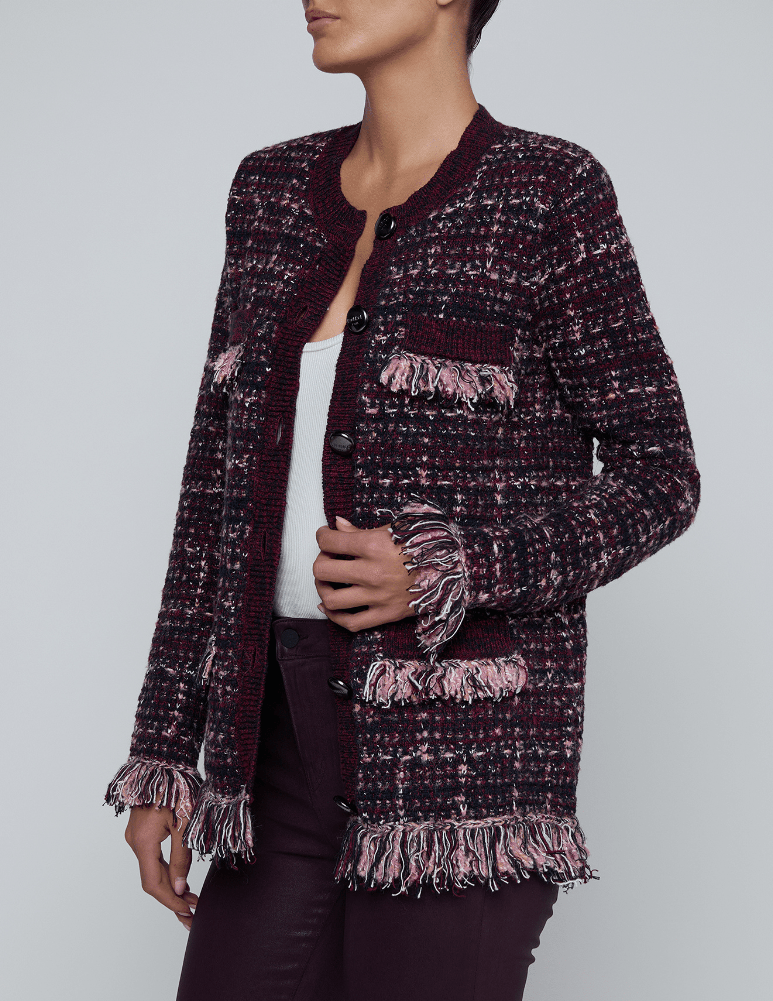 L’AGENCE Kastoria Fringe Cardigan in Black Dark Malbec Midnight with bouclé knit texture
