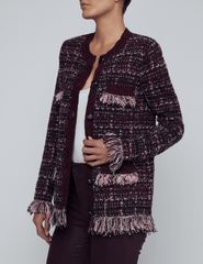 L’AGENCE Kastoria Fringe Cardigan in Black Dark Malbec Midnight with bouclé knit texture
