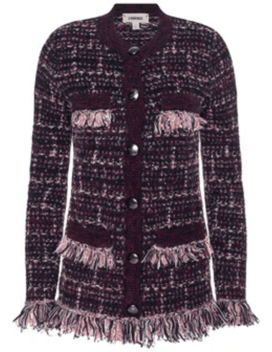L’AGENCE Kastoria Fringe Cardigan in Black Dark Malbec Midnight with bouclé knit texture