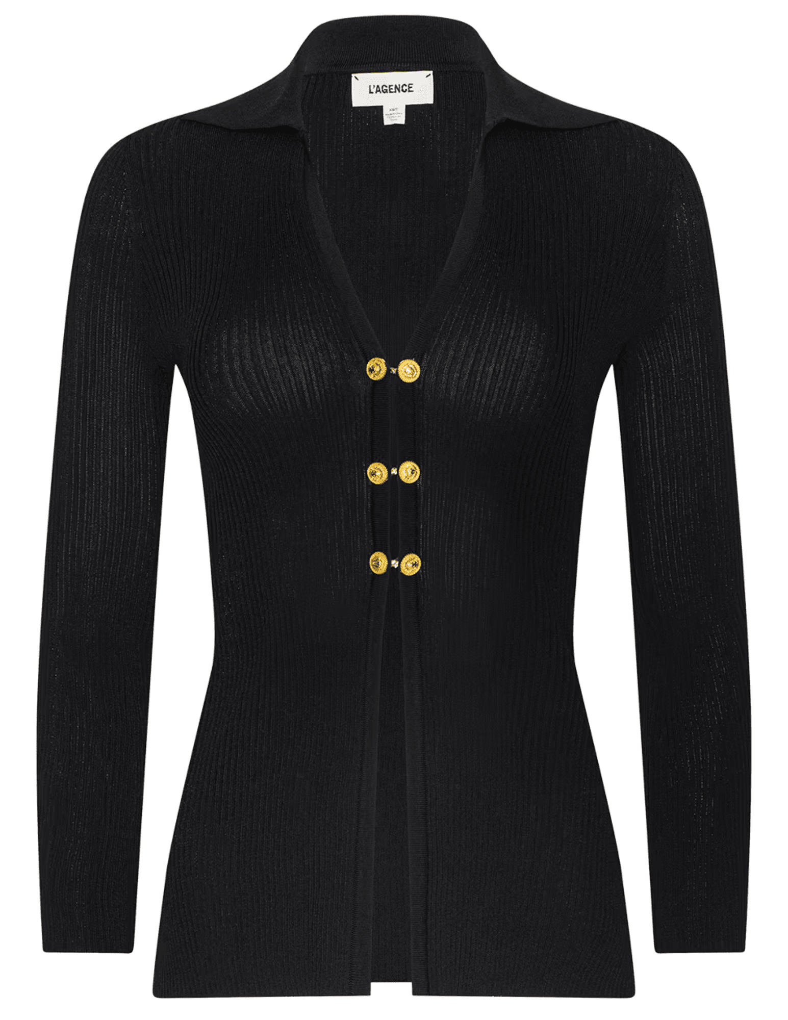 L'AGENCE Kaye Cardigan Top in Black Gold featuring ribbed knit fabric, a deep V-neck and gold chain-link buttons.