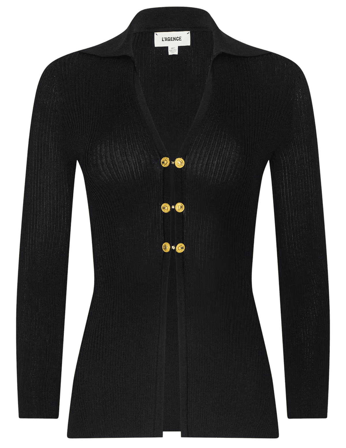 L'AGENCE Kaye Cardigan Top in Black Gold featuring ribbed knit fabric, a deep V-neck and gold chain-link buttons.