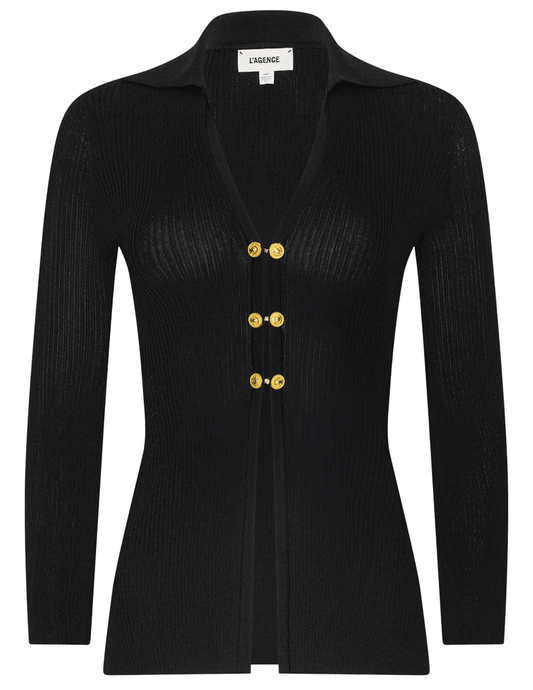 L'AGENCE Kaye Cardigan Top in Black Gold featuring ribbed knit fabric, a deep V-neck and gold chain-link buttons.
