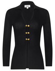 L'AGENCE Kaye Cardigan Top in Black Gold featuring ribbed knit fabric, a deep V-neck and gold chain-link buttons.