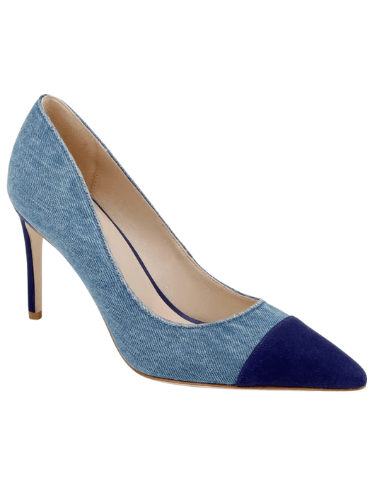 Angled side view of L’AGENCE denim pump with contrast suede toe and heel