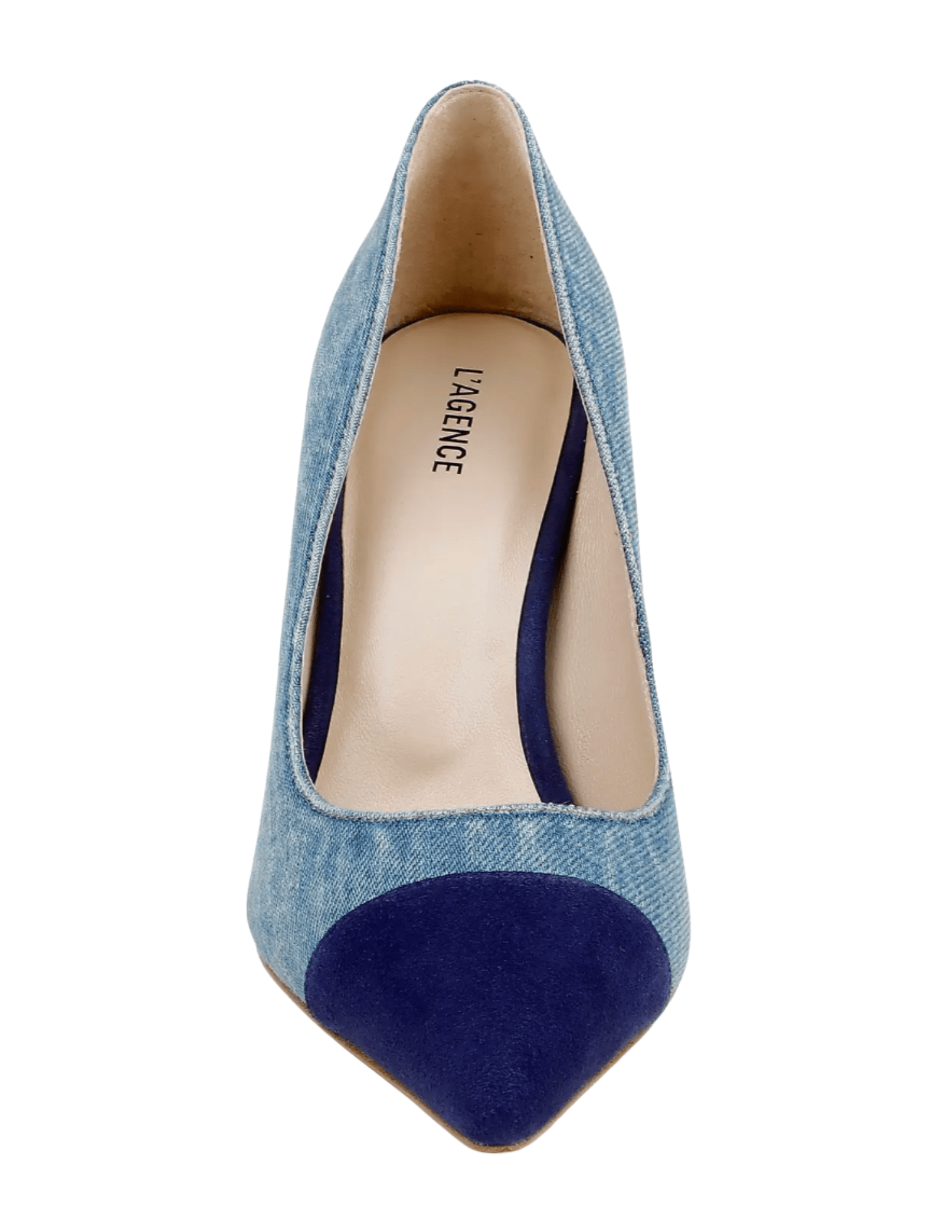 Front view of L’AGENCE denim pump with contrast suede toe and heel