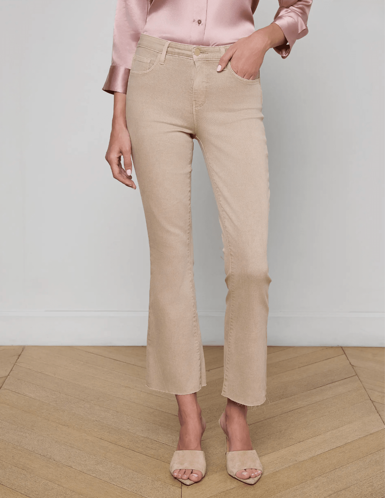 Front view of L’AGENCE Kendra High Rise Crop Flare Jean in Biscuit
