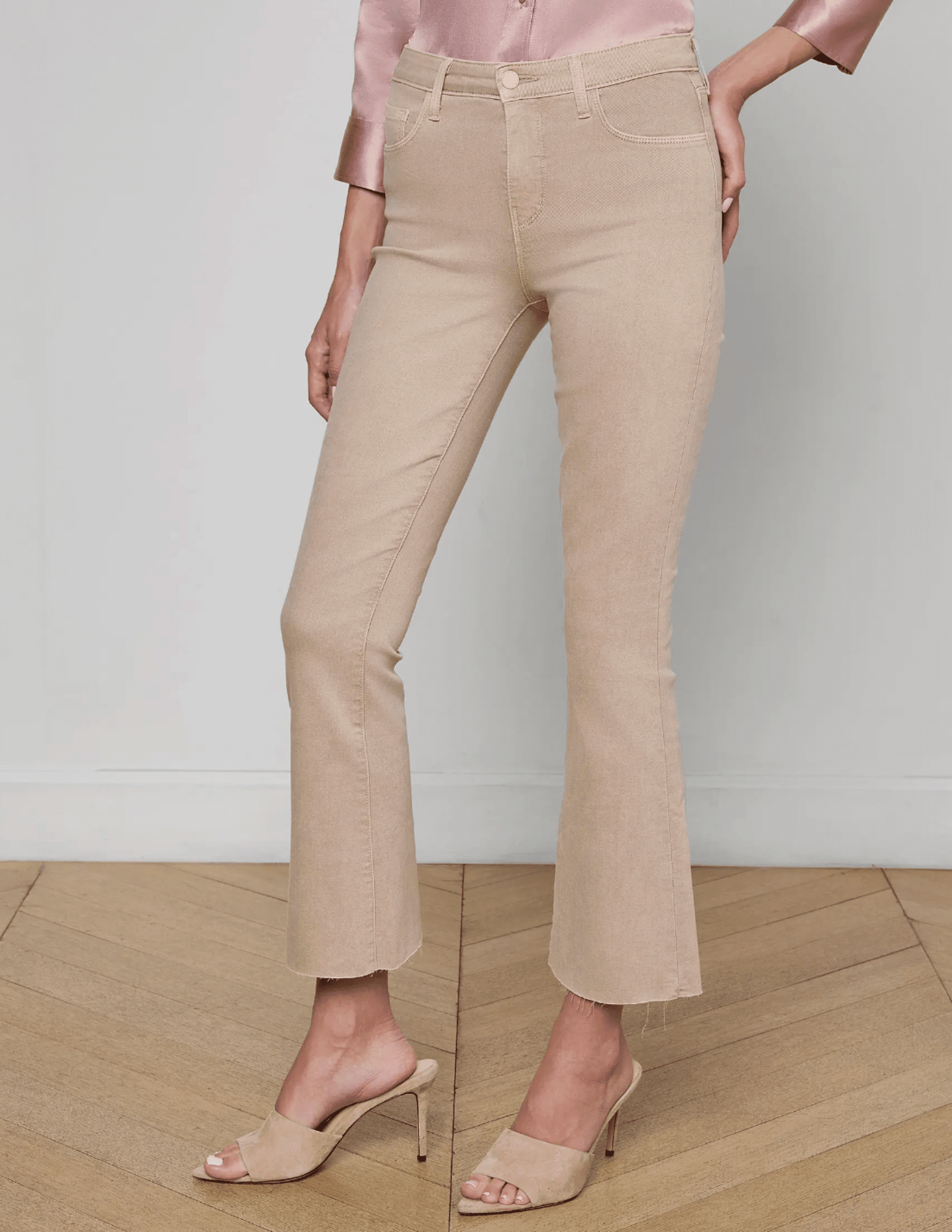 Side view of L’AGENCE Kendra High Rise Crop Flare Jean in Biscuit
