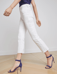 Side view of L’Agence Kendra High-Rise Crop Flare Jeans Blanc – raw hem, premium stretch fabric
