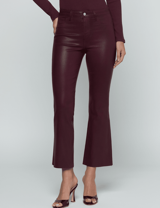 Front view of L'AGENCE Kendra High Rise Cropped Coated Jeans in Deep Sangria
