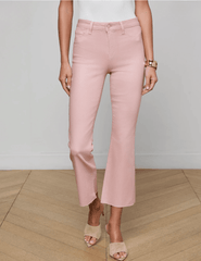 Front view of L’AGENCE Kendra pink coated cropped flare denim
