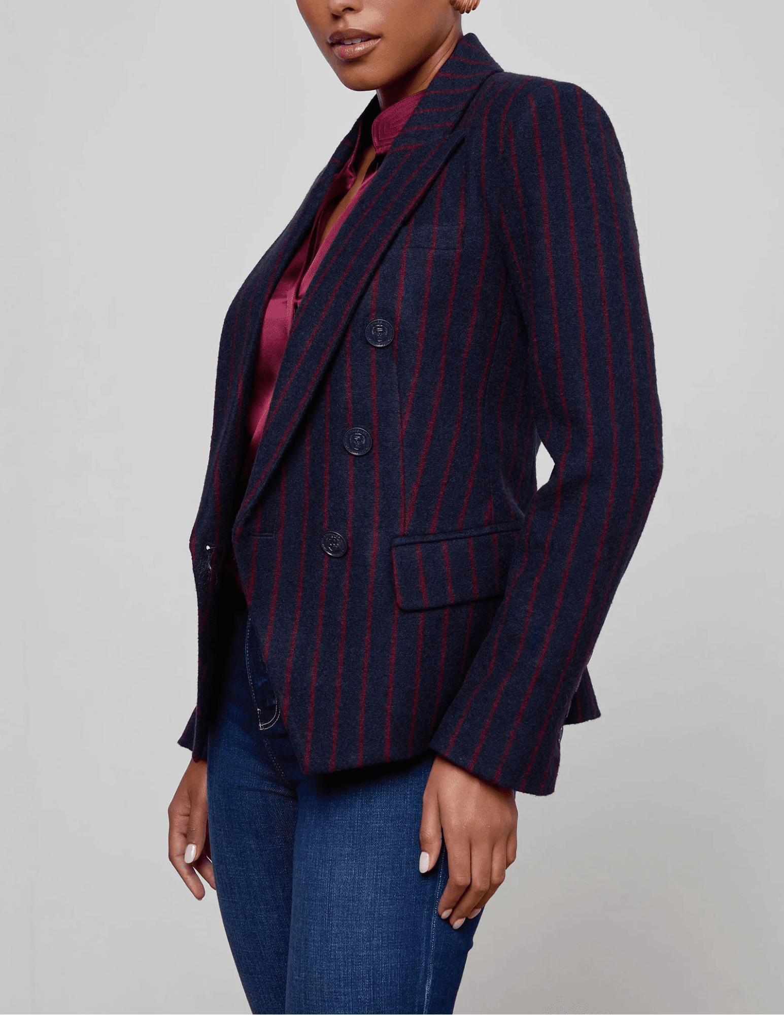 L’AGENCE Kenzie Double Breasted Blazer in navy with red pinstripes