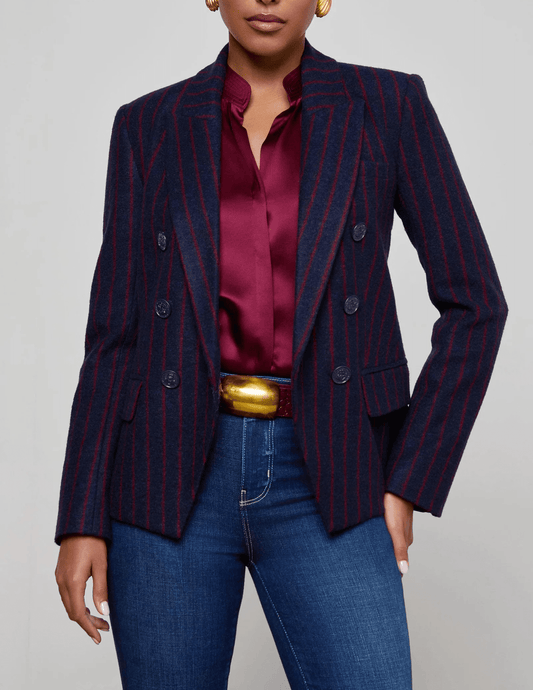 L’AGENCE Kenzie Double Breasted Blazer in navy with red pinstripes