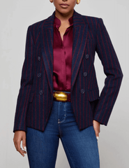 L’AGENCE Kenzie Double Breasted Blazer in navy with red pinstripes