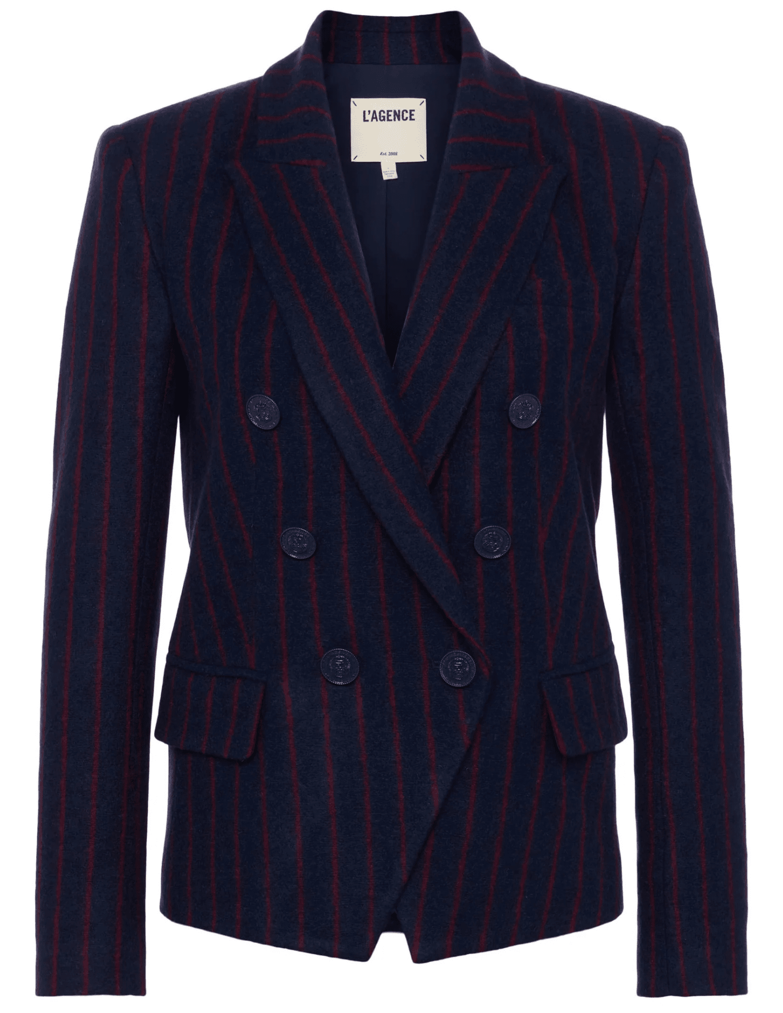 L’AGENCE Kenzie Double Breasted Blazer in navy with red pinstripes