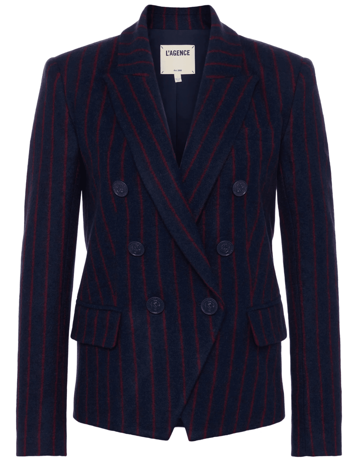 L’AGENCE Kenzie Double Breasted Blazer in navy with red pinstripes