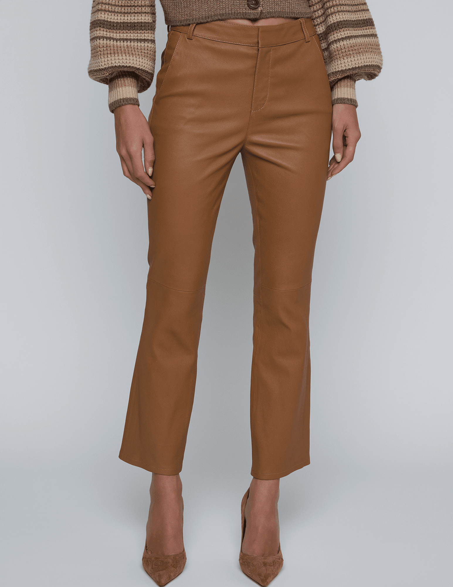 Front view of Ketra Leather Bootcut Trouser in Cognac with cropped hem.